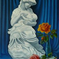 Anya és gyermeke, csendélet szoborral és rózsákkal