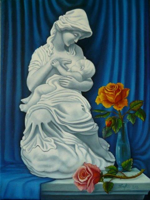 Festmények - Anya és gyermeke, csendélet szoborral és rózsákkal