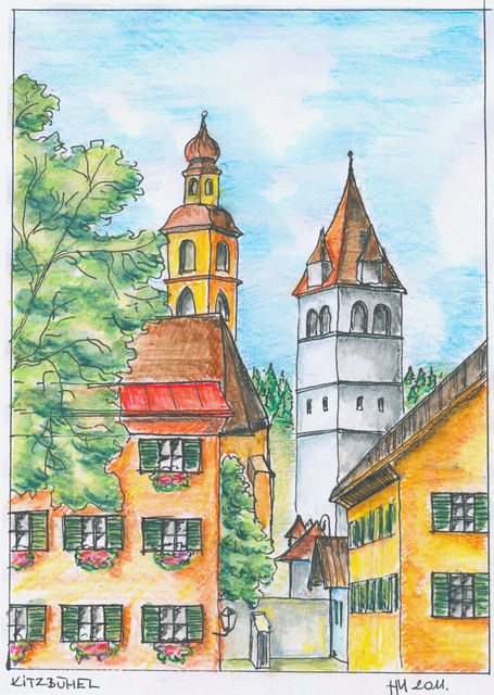 akvarellek - Ausztria, Kitzbühel látkép