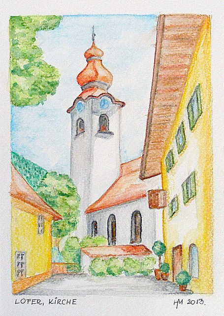 akvarellek - Ausztria, Lofer, templom