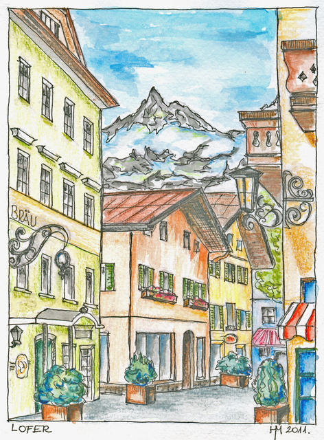 akvarellek - Ausztria, Lofer utcakép