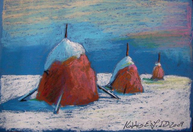 festmények, rajzok - Boglyák a téli mezőn