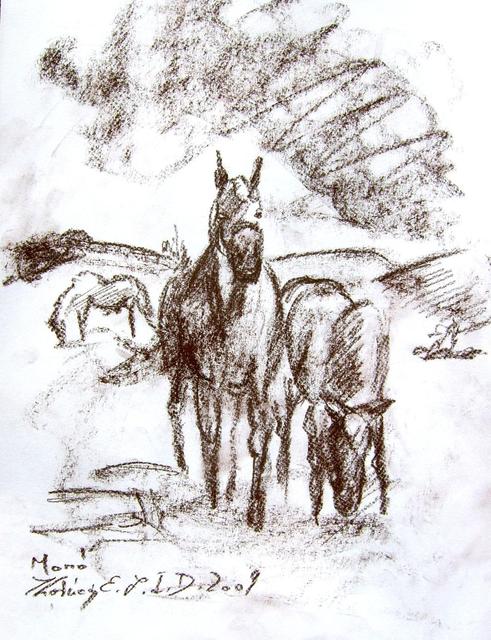 festmények, rajzok - Legelésző lovak