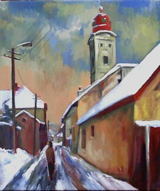 festmények, rajzok - Nagybányai sikátor télen