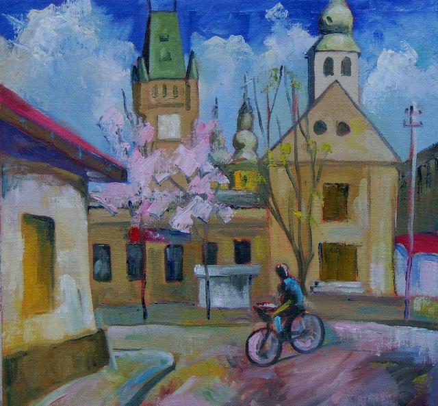 festmények, rajzok - Tavaszi biciklis