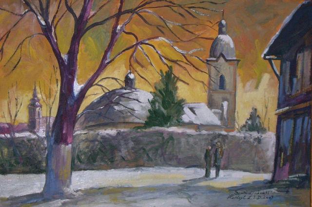 festmények, rajzok - Tél a templom környékén