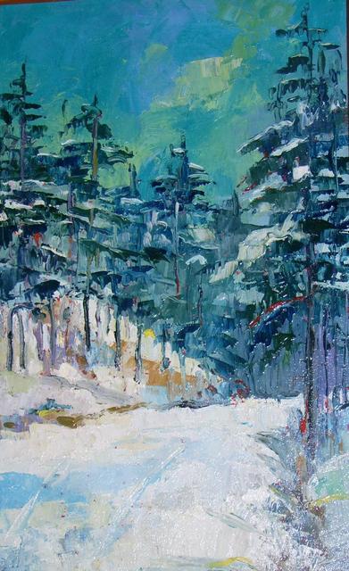 festmények, rajzok - Téli út az erdőn