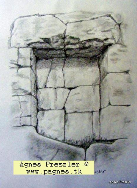 Preszler Ágnes rajzok - Alatri, Akropolis, fülke a megalitikus falban - ceruzarajz