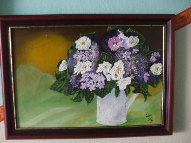 Festményeim - lila virágcsokor olaj, vászon 25x37 magántul.