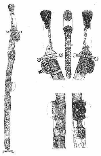 Palmettamintás aranyozott ezüstlemezekkel felszerelt vezéri szablya a karoseperjeszögi II. temető 52. sírjából (Révész László)