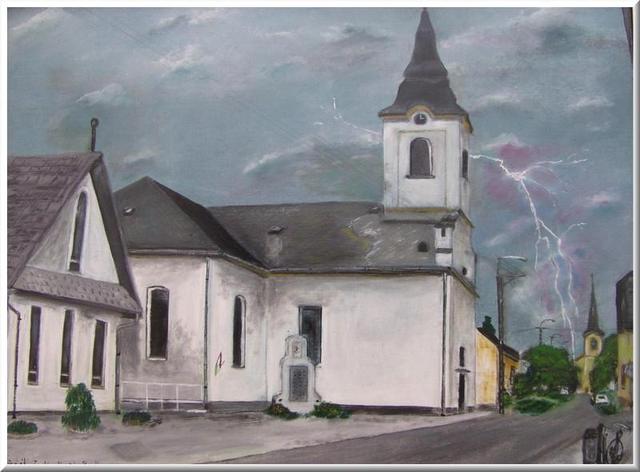 festészet - Dunaszetbenedeki református templom  nyári vihar